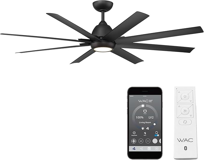WAC Smart Fans Mocha XL Indoor and Outdoor 8-Blade Ceiling Fan 66in Matte Black with 3000K LED Light Kit and Remote Control works with Alexa and iOS or Android App
