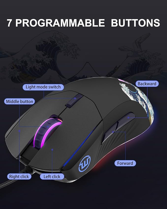 Womier G705 USB Wired Gaming Mouse for PC Computer Windows Mac Laptop, Lightweight Silent RGB Backlit Mouse with Adjustable 12000DPI/7 Programmable Side Buttons,Black Kanagawa Theme