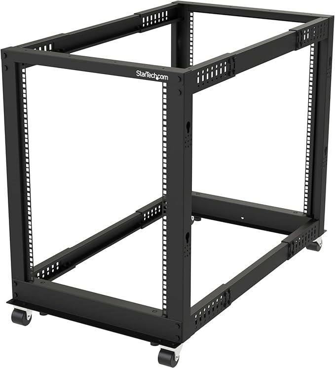 StarTech.com 4-Post 15U Mobile Open Frame Server Rack, 19in Network Rack with Wheels, Rolling Rack for Computer/AV/Data/IT Equipment - Casters, Leveling Feet or Floor Mounting (4POSTRACK15U)