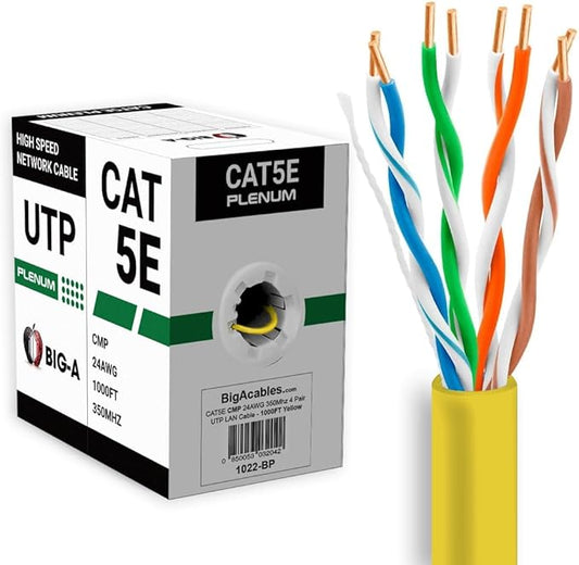 Big-A - 1000ft Cat5e Plenum Ethernet Cable, Yellow, 350MHz, 24AWG UTP, CMP Rated, Solid Network LAN Cord, Compatible with Printer, Gaming Consoles, Router, VoIP Phones, POE IP Cameras