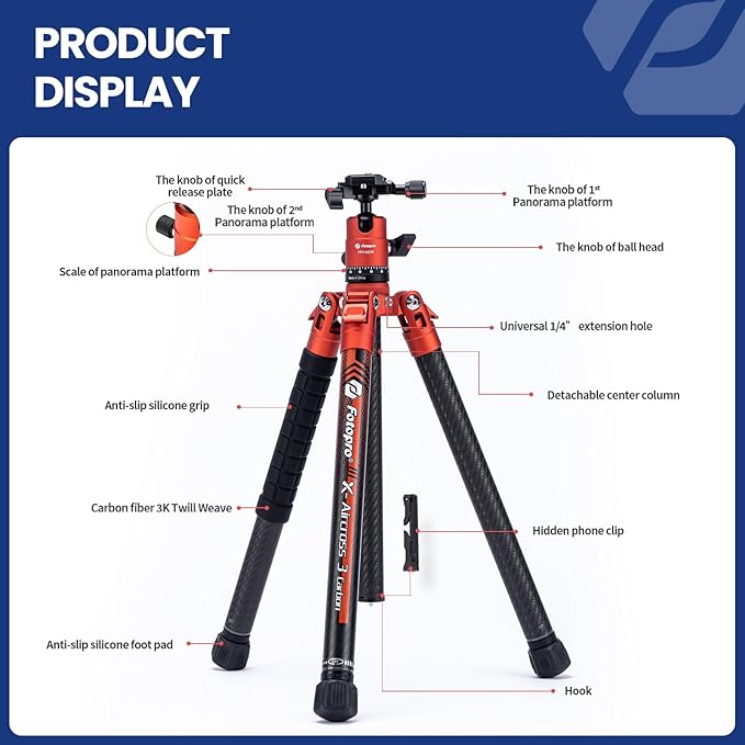 Fotopro Carbon Fiber Tripod for Camera 2lbs Ultralight 62 Inch Travel Camera Tripod Max Loads Up 22lbs X-Aircross 3 Orange