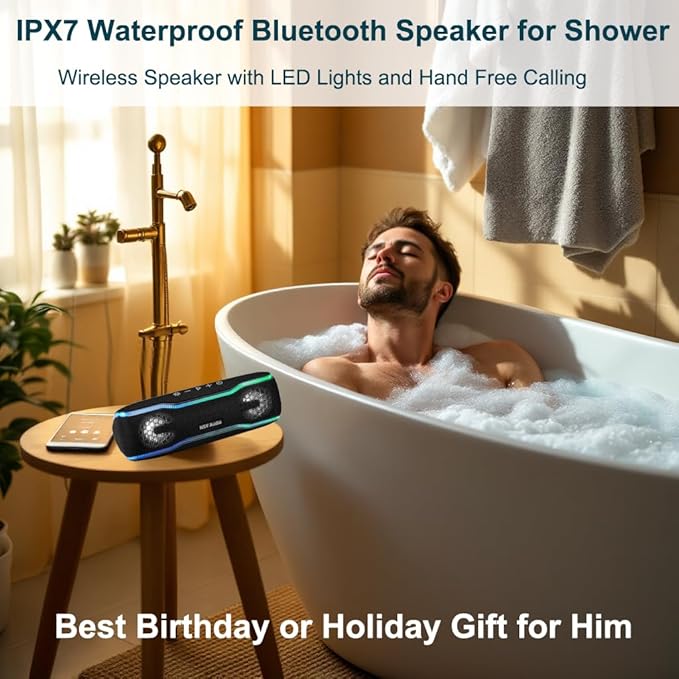 IPX7 Waterproof Bluetooth Speaker, 24H Playtime, LED Lights, Wireless Outdoor Speaker for Pool, Beach, Shower, Gifts, Blue
