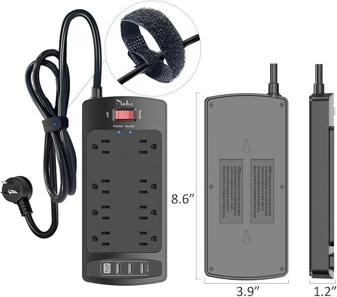 Surge Protector Power Strip - Nuetsa Flat Plug Extension Cord with 8 Outlets and 4 USB Ports, 15 Feet Power Cord (1625W/13A), 2700 Joules, ETL Listed, Black