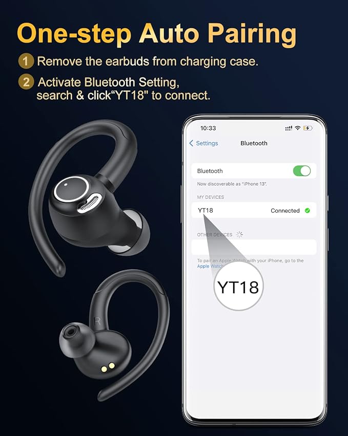 Wireless Earbuds, Bluetooth 5.4 Headphones Sport, Over Ear Buds With ENC Noise Cancelling Mic, 48H, Wireless Earphone With Earhooks, Stereo Deep Bass, IP7 Waterproof ear bud for Workout Running, Black