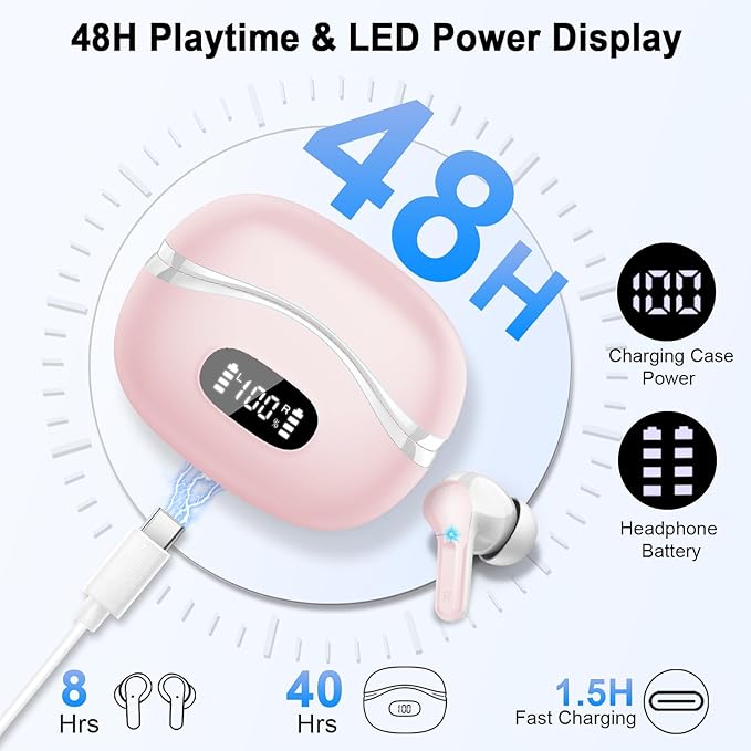 Wireless Earbuds, Bluetooth Headphones 5.4 HiFi Stereo, Ear Buds with 4 ENC Noise Cancelling Mics, 48H Bluetooth Earbuds with Dual LED Display, IP7 Waterproof in Ear Earphones for Android iOS, Pink