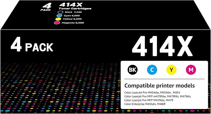 CMYBabee 414X Toner Cartridges 4 Pack High Yield Replacement for HP 414X 414A W2020X Toner Compatible with Color Laserjet Pro MFP M479fdw M479fdn M454dw M454dn M480f Printer (with Chip)