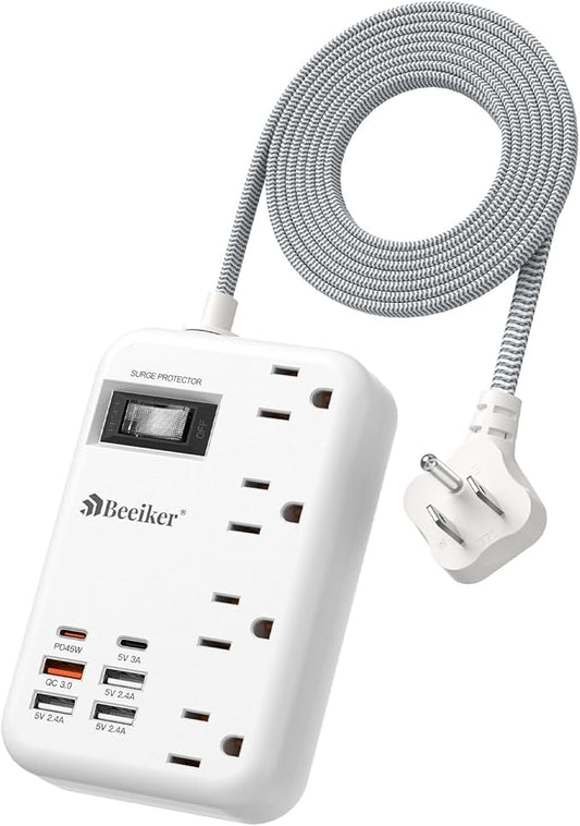 45W USB C Surge Protector Power Strip, Travel Power Strip with 6 USB(2 USB C) Ports and 4 Outlets,5Ft Flat Plug Braided Extension Cord, PD 45W Fast Charging for MacBook Laptops iPad Pro iPhone Samsung