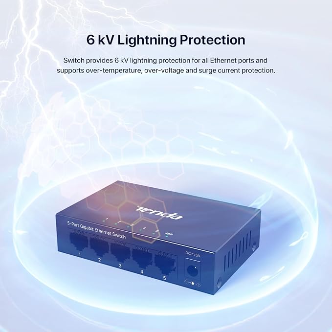 Tenda TEG1005D 5 Port Gigabit Switch, Unmanaged Ethernet Switch, Network Splitter with Traffic Optimization, Plug & Play, Fanless Metal Design Network Switch,IGMP,QoS (Black)