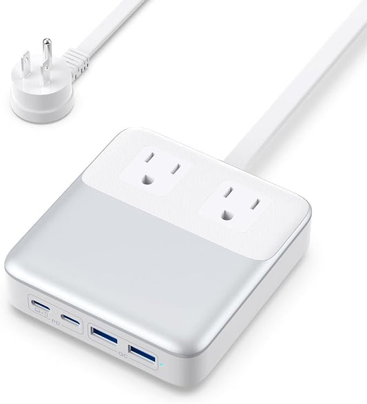 USB C Charger Block,135W GaN IV Fast Charging Station Hub,6-in-1 USB C Power Strip with Flat Plug and 5ft Cord,2 AC,2 USB A,2 USB C,PD 65W Laptop Charger for MacBook Air/Pro,iPhone16/15,Samsung-White