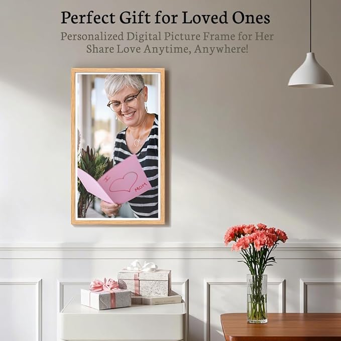 BSIMB 32 Inch Large Digital Picture Frame, Touchscreen 64GB 1920x1080 WiFi Photo Frame Electronic Display Remote Control, Share Pictures/Videos via Free App/USB/SD Easy Setup Gifts for Mom, Light Wood
