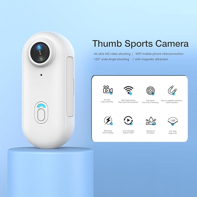 H8 64GB 4K Thumb Action Camera, Mini Body Cameras, Wearable Pocket Vlogging Camera, Multiple Accessory Mount Anywhere Small Portable Hands-Free Helmet Cam for Work, Cycling, Travel, Pet Walking(White