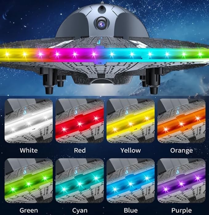 Round Foam RC UFO Drone with Camera, Multi-Color LED Lights (Color Switching), 360° Flips, Speed Adjustment, Remote Control Plane Helicopter, One-Key Takeoff/Landing, Beginner-Friendly FPV Quadcopter Airplane (Silvery)