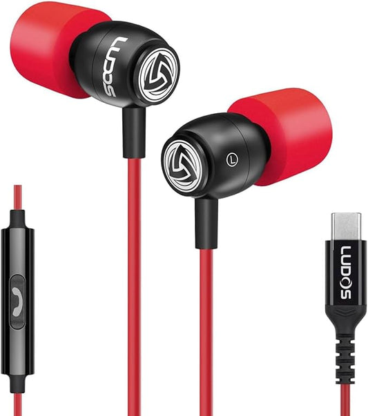 LUDOS Clamor USB C Headphones for iPhone 16 15 Pro Max Plus iPad Pro, 5 Years Warranty, USB-C Earbuds for Samsung Galaxy S24 S23 Ultra S22 S21 FE S20 A55 A54 A53, USB Type C Earphones - Red