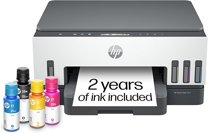 HP Smart Tank 7001 Wireless All-in-One Ink Tank Printer, Scanner, Copier with 2 years of ink included, Best-for-home office, Refillable, AI-enabled (28B49A)