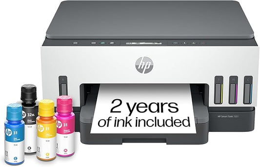 HP Smart Tank 7001 Wireless All-in-One Ink Tank Printer, Scanner, Copier with 2 years of ink included, Best-for-home office, Refillable, AI-enabled (28B49A)