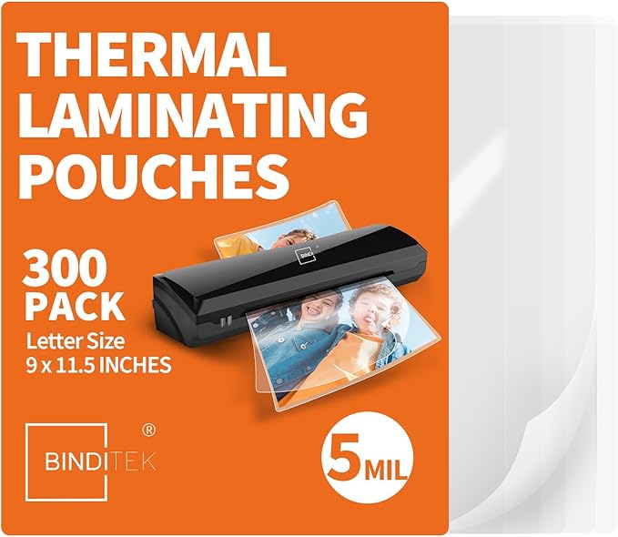 Binditek 300 Pack 5 Mil Thermal Laminating Pouches, 9x11.5 Inches Laminating Sheets, for Letter Size, Ultra Clear, Glossy, Hold 8.5x11 Inches, Heat Seal, School Office Supplies