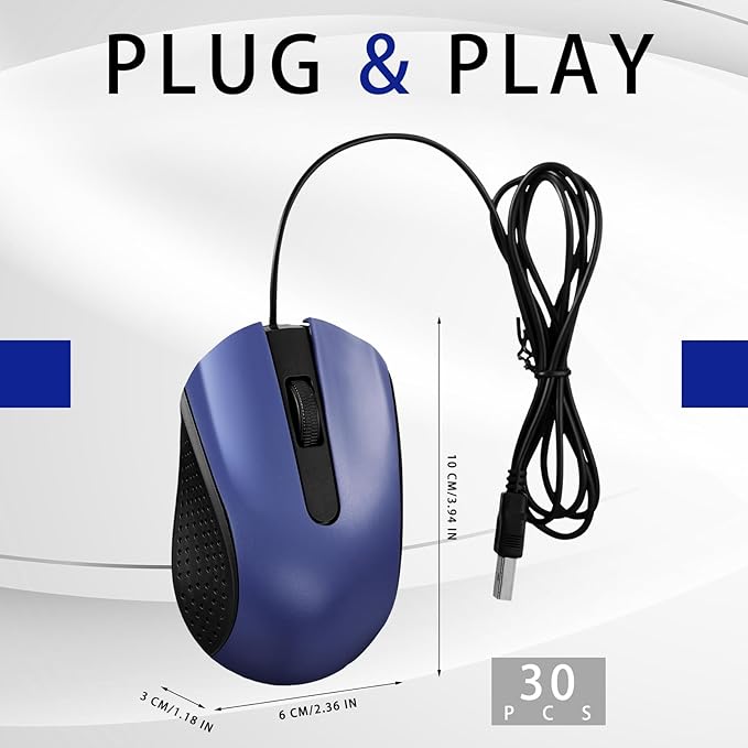 30 Pcs USB Wired Mouse Computer 3 Button Mice Bulk Corded USB Mouse for PC Desktop Laptop Computer Office School Home Classroom Supplies (Blue)