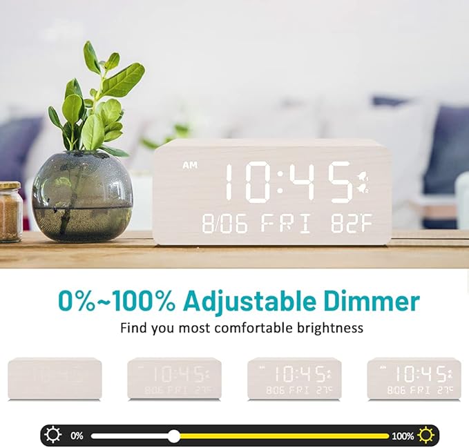 Andoolex Wooden Digital Alarm Clock with Wireless Charging, 0-100% Adjustable Brightness Dimmer and Volume, Weekday/Weekend Mode, Dual Alarm, Snooze, 12/24H, Wood LED Clock for Bedroom (White)