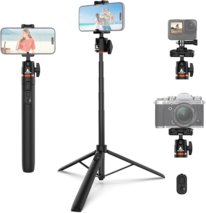 Ailight 60" Extendable Travel Tripod & Selfie Stick with Cold Shoe & Wireless Remote, 360° Ball Head for Vlogging - Lightweight Phone Tripod for iPhone