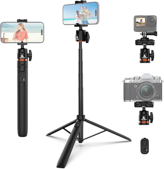 Ailight 60" Extendable Travel Tripod & Selfie Stick with Cold Shoe & Wireless Remote, 360° Ball Head for Vlogging - Lightweight Phone Tripod for iPhone