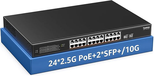 YuanLey 26 Port 2.5G PoE Switch Unmanaged, 24 x 2.5G Base-T PoE Ports, 2 x 10G SFP+, IEEE802.3af/at, 400W, Compatible with 100/1000/2500Mbps, Metal Case, Desktop/Rack Mount 2.5Gbe Network Switch