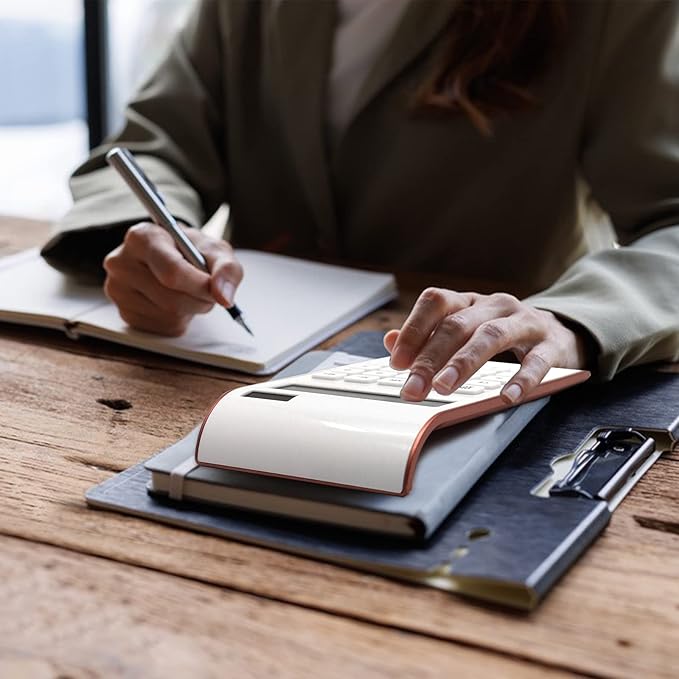 Rose Gold Calculator Office Supplies and Accessories, 10 Digits Solar Battery Basic Office Calculator, Dual Power Desktop Calculator with Large LCD Display, Pink