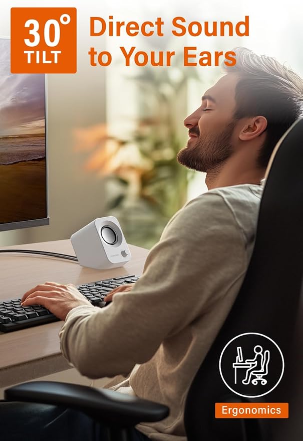 Speaker - 14W Stereo PC Speakers, USB Powered, Compact Size with 30° Tilt Design, Volume Dial Control, for Desktop, Laptop, Monitor, Gaming Consoles, White