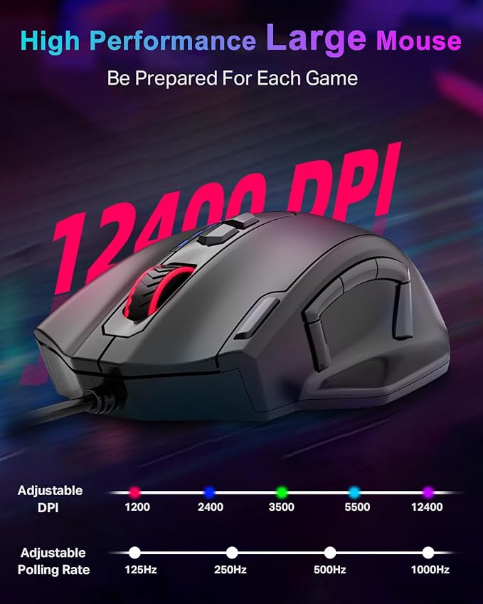 E-YOOSO Wired Large Gaming Mouse, Big Gamer Mouse with Rapid Fire Button, 5 Side Buttons, 12400 DPI, 5 Backlit Modes, 11 Programmable Macro Shortcuts, Adjustable Weights, Comfort Grip for Windows