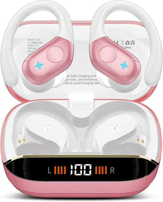 Wireless Earbuds Bluetooth 5.4 Headphones 75H Stereo Deep Bass Sports Over Ear Buds with Earhooks, LED Display Bluetooth Earbuds with 4 ENC Mic, IP7 Waterproof Earphone for Running, Pink