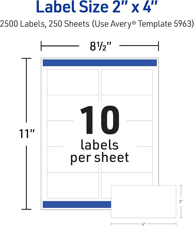 Avery Printable Shipping Labels with Sure Feed, 2" x 4" Customizable Stickers, White, 2,500 Blank Mailing Labels, Great for Mailing, Shipping, and More (5963)