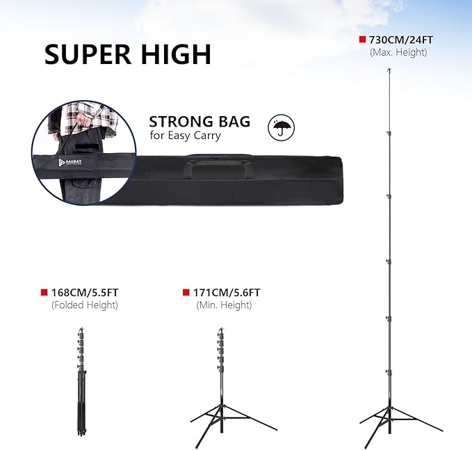 RAUBAY 24' Tall Tripod Stand, Extreme Tall Heavy Duty Sports Camera Video Tripod, Spring Telescoping Aluminium Alloy Large Light Stand with 1/4"& 3/8" Screw, Professional Sky High Tripod for Outside…
