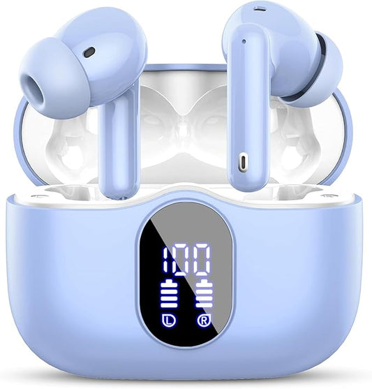 Wireless Earbuds, Bluetooth 5.4 Headphones Bass with Noise Cancelling Mic, Stereo Ear Buds, in Ear Earphones LED Display, IP7 Waterproof, 36H Playtime for Laptop Phones Sports Workout, Sky Blue