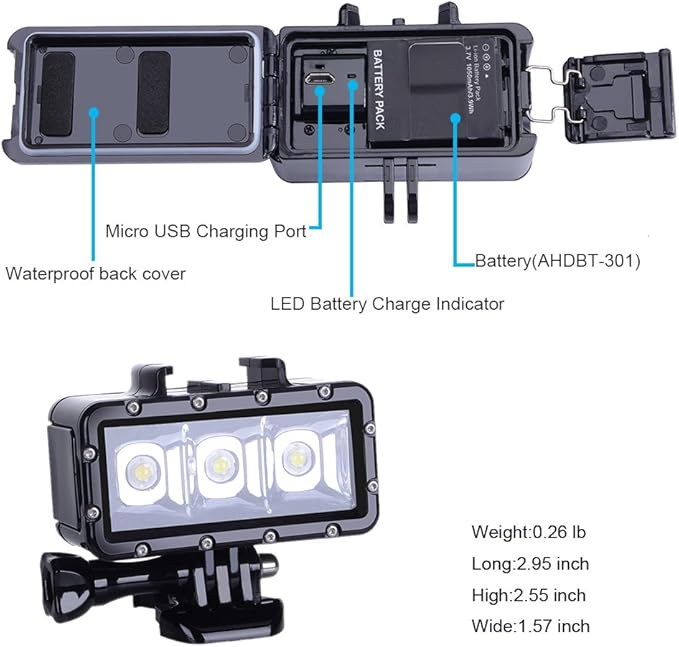 Suptig Diving Light - Waterproof Underwater Light for Gopro Hero 13/12/11/10/9/8/7/6/5/4/3/3+/Session/AKASO/DJI Osmo - 147ft (45m)