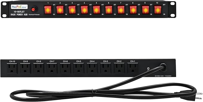 10-Outlet 1U Rack Mount Power Strip - Surge Protector, Features 10 Front Switches with LED Light - Ideal, w/ 6 ft Cord for Network Server Racks and Cabinets, by ThePoEstore