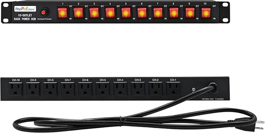 10-Outlet 1U Rack Mount Power Strip - Surge Protector, Features 10 Front Switches with LED Light - Ideal, w/ 6 ft Cord for Network Server Racks and Cabinets, by ThePoEstore
