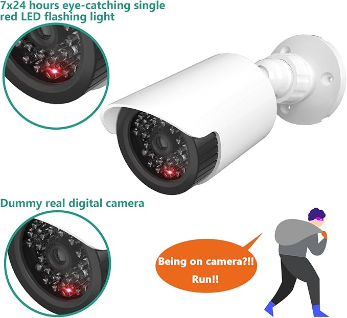 WALI Dummy Fake Camera, Surveillance Security CCTV Dome Camera, Indoor Outdoor Cameras, with One LED Light, Security Alert Sticker Decals (TC-W2), 2 Packs, White