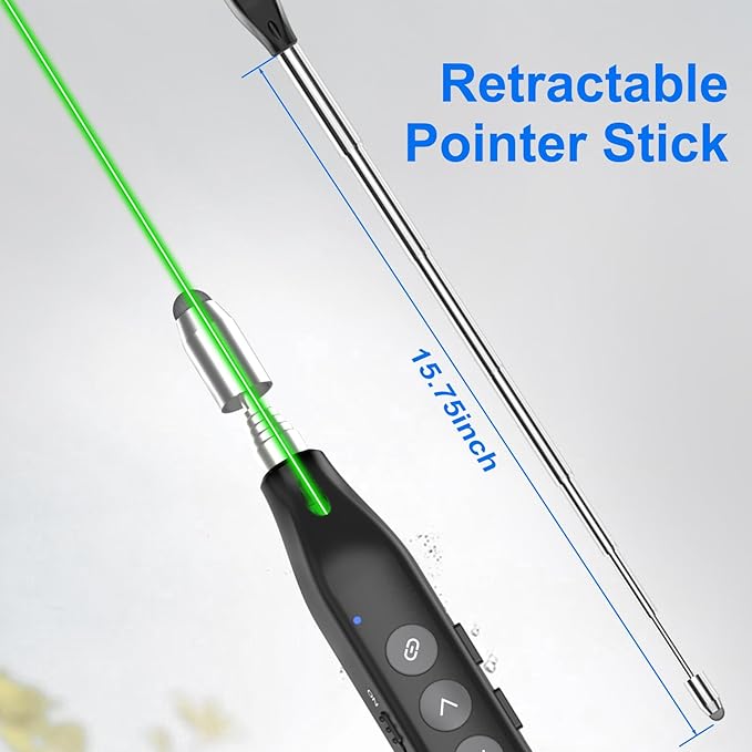 Presentation Clicker Telescopic Pointer: Powerpoint Remote Wireless Presenter Green Laser Stylus Pen for Touch Screen, Google Slide Smart Board Retractable Stick for Mac Computer (Rechargeable)