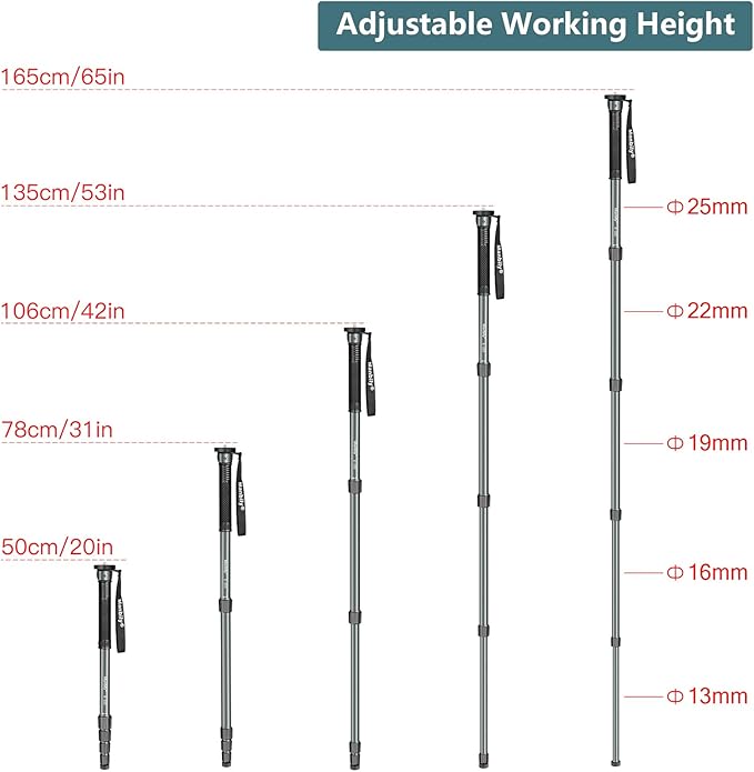 Manbily 65-Inch Camera Monopod, 5 Sections Aluminum Travel Monopod for Canon Nikon Sony DSLR Cameras Video Camcorder, Compact Portable Lightweight（E-222） (Gray)