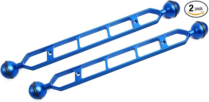 Blue 11" Underwater Aluminum Alloy Extension Arm (2-Pack) - Dual Ball System with 1" Head Connector, Waterproof & Rustproof for Diving Camera Tray/Strobe/Video Light, Scuba Photography Gear