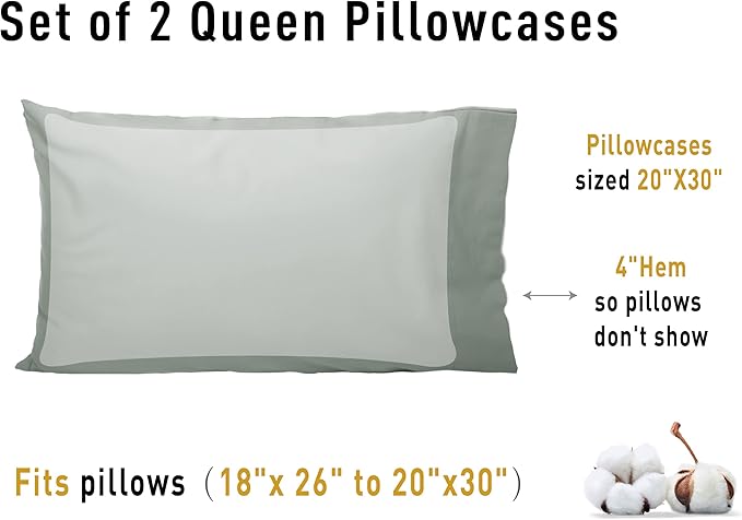 Sunflower Queen Pillowcases Set of 2, 100% Cotton Queen Pillow Cases 2, 20×30 inches Storm Grey, Soft and Breathable