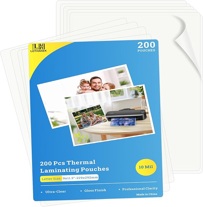 200 Pack Thermal Laminating Pouches 10 Mil, 9 x 11.5 Inches Clear Laminating Sheets, Wide Size Compatibility Office Laminating Supplies for Letter, Photo, Card and ID Badge