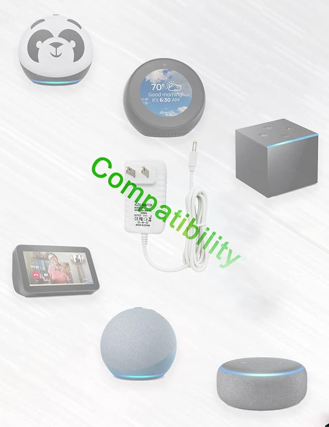 White Power Cord Replacement for Alexa Dot 3rd Gen, Dot 4th Gen, Dot 5th Gen 2022, Echo Pop 15W Power Adapter Charger