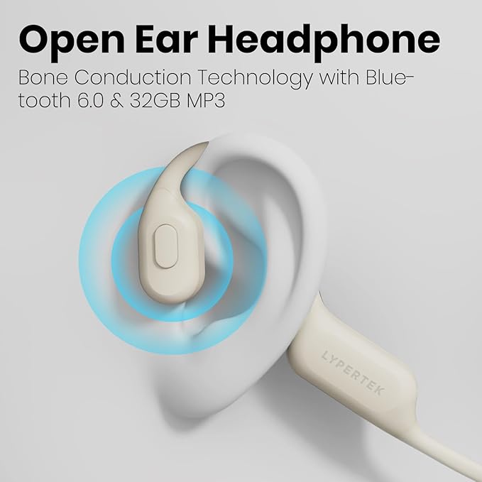 LYPERTEK Bone Conduction Headphones, IP68 Waterproof Swimming Headphones,Bluetooth 6.0 Open Earphones, 32GB Memory Bone Conduction Sports Earphones,Wireless Underwater Earbuds for Running,S30-Beige