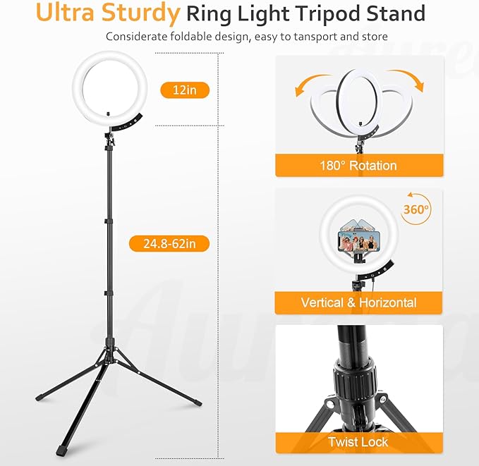 Aureday 12'' Ring Light with 62'' Tripod Stand and Magnetic Phone Holder, LED Ringlight with Selfie Wireless Remote, Circle Lighting for Video Recording, Makeup, TikTok, Photography