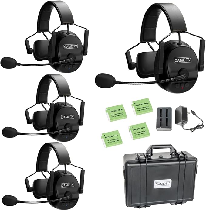 Came-TV Kuminik8 1.9GHz Wireless Intercom Headset System Noise Cancellation Zero Latency Full Duplex 4 Person Team Communication with Hardcase for Church Boating TV Film Production Drone