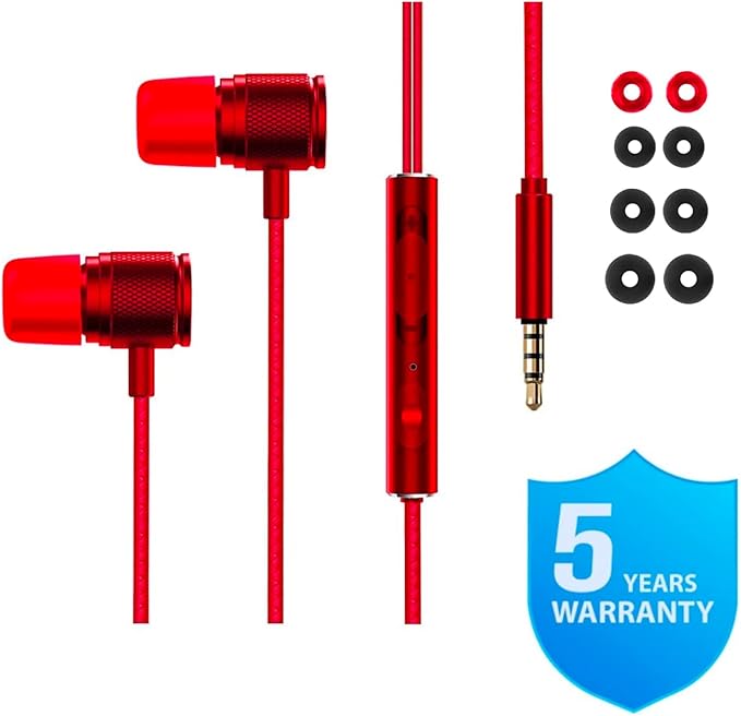 LUDOS Ultra Wired Earbuds in-Ear Headphones, 5 Years Warranty, Earphones with Microphone, Noise Isolating Ear Buds, Memory Foam for iPhone, Samsung, School Students, Kids, Women, Small Ears - Red
