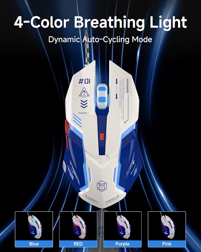 EWEADN G10 Wired Gaming Mouse, Computer Mouse with RGB Backlit, 3200 DPI Adjustable, Quiet Clicks, Ergonomic Wired Mouses with 6 Buttons and 4.2FT Cord, USB Mouse for PC/Win/Laptop, White-Blue