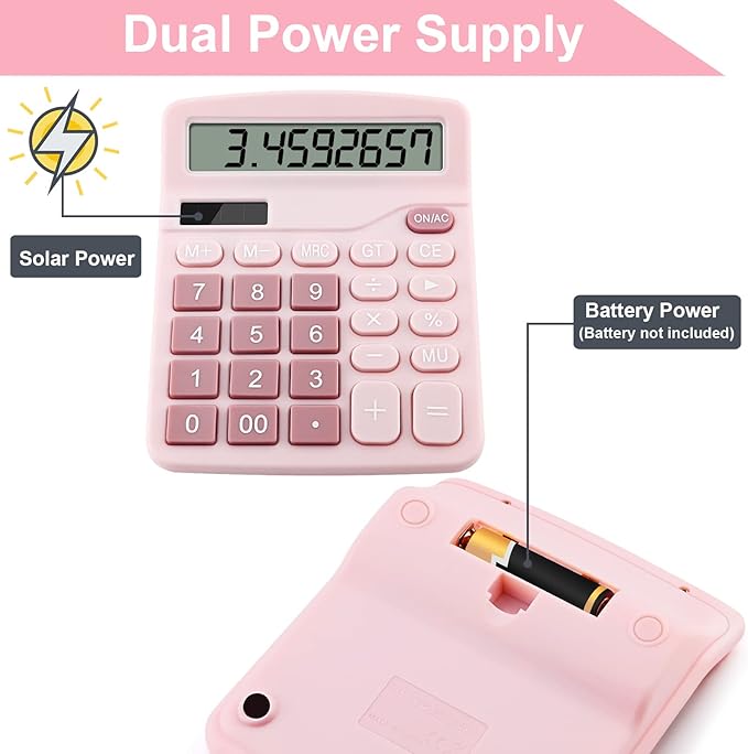 Office Desk Calculator with Solar Power, 12 Digits Large LED Display, Calculators Desktop with Big Buttons, Pink Office Home School Supplies (Pink)