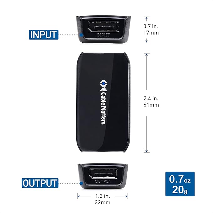 Cable Matters Active DisplayPort Repeater, Support 4K@240Hz up to 32ft, 4K@60Hz up to 80ft, (DP 1.4 Repeater, DisplayPort Signal Booster, DP Amplifier) for VR Headset, Gaming Monitor
