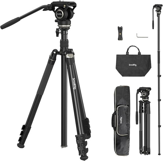 SmallRig CT210 Video Tripod, 75" Video Camera Tripod Monopod with +/-15° Leveling Base Fluid Head, Professional Camera Tripod Compatible with Video Camera, DSLR, Camcorder-4475